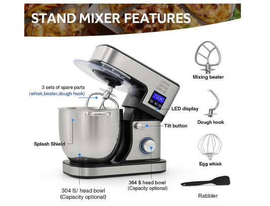 2000W Heavy-Duty Stand Mixer – 6 Speeds, 12L Stainless Steel Bowl, Tilt-Head Design, Ideal for Bread, Cake, Cookies & Large Batch Mixing
