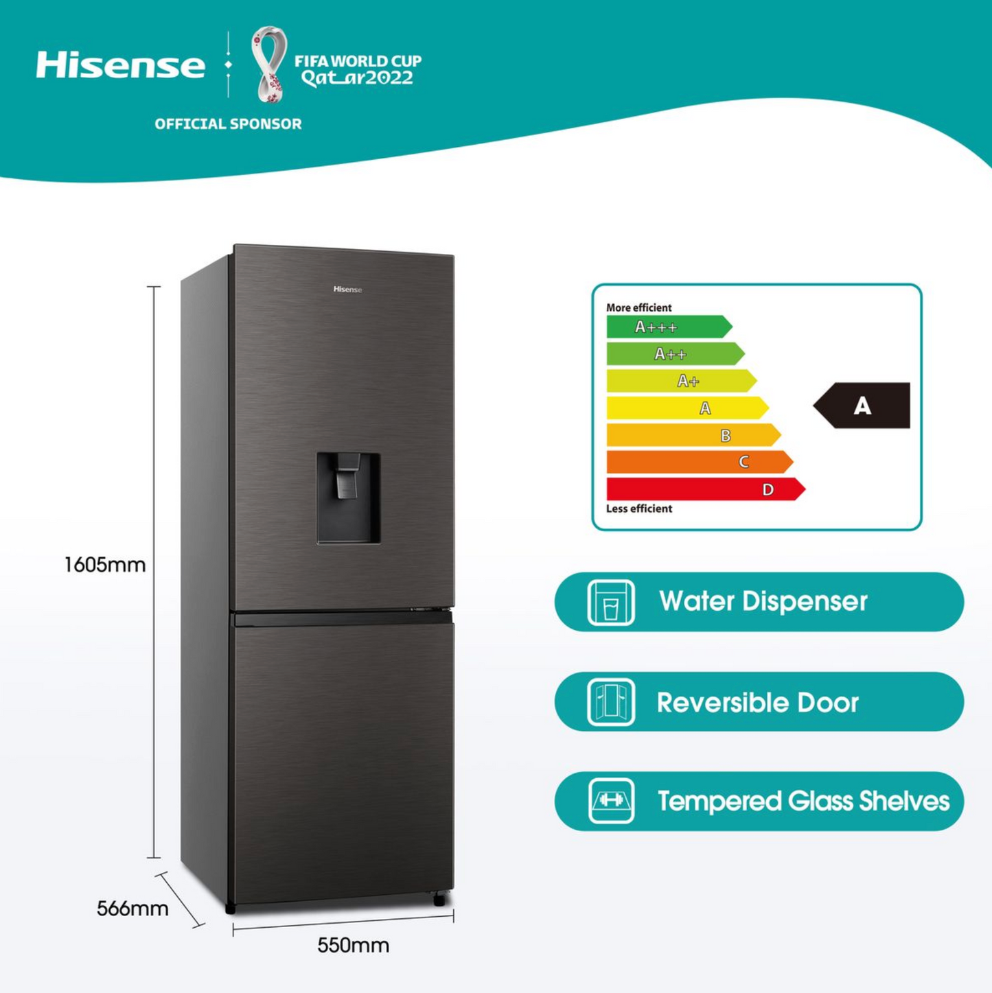 Hisense 222L Bottom Freezer Fridge with Water Dispenser -Titanium Inox