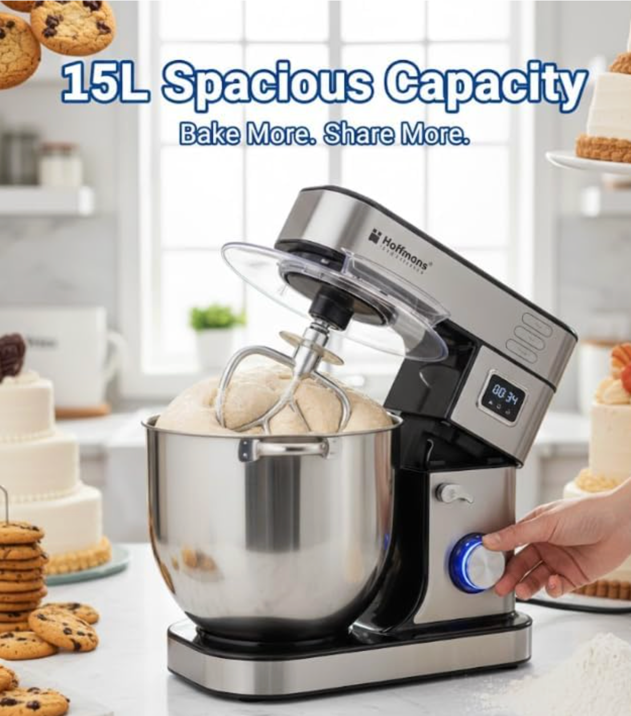 Hoffmans 2000W Professional Stand Mixer - 15L High-Capacity with LED Timer