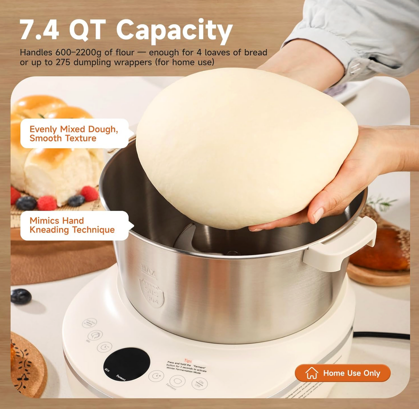Joydeem Electric Dough Maker with Ferment Function, 7Qt Dough Mixer Machine, Perfect for Bread Pizza Roti Dumpling Dough & Sourdough, HMJ-A701