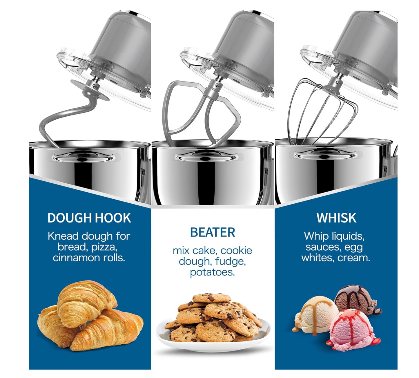 Vospeed Stand Mixer 8L Cake Mixer Electric Kitchen Food Mixer with Stainless Steel Bowl, Beater, Dough Hook, Whisk for Baking, Dishwasher Safe (Grey)