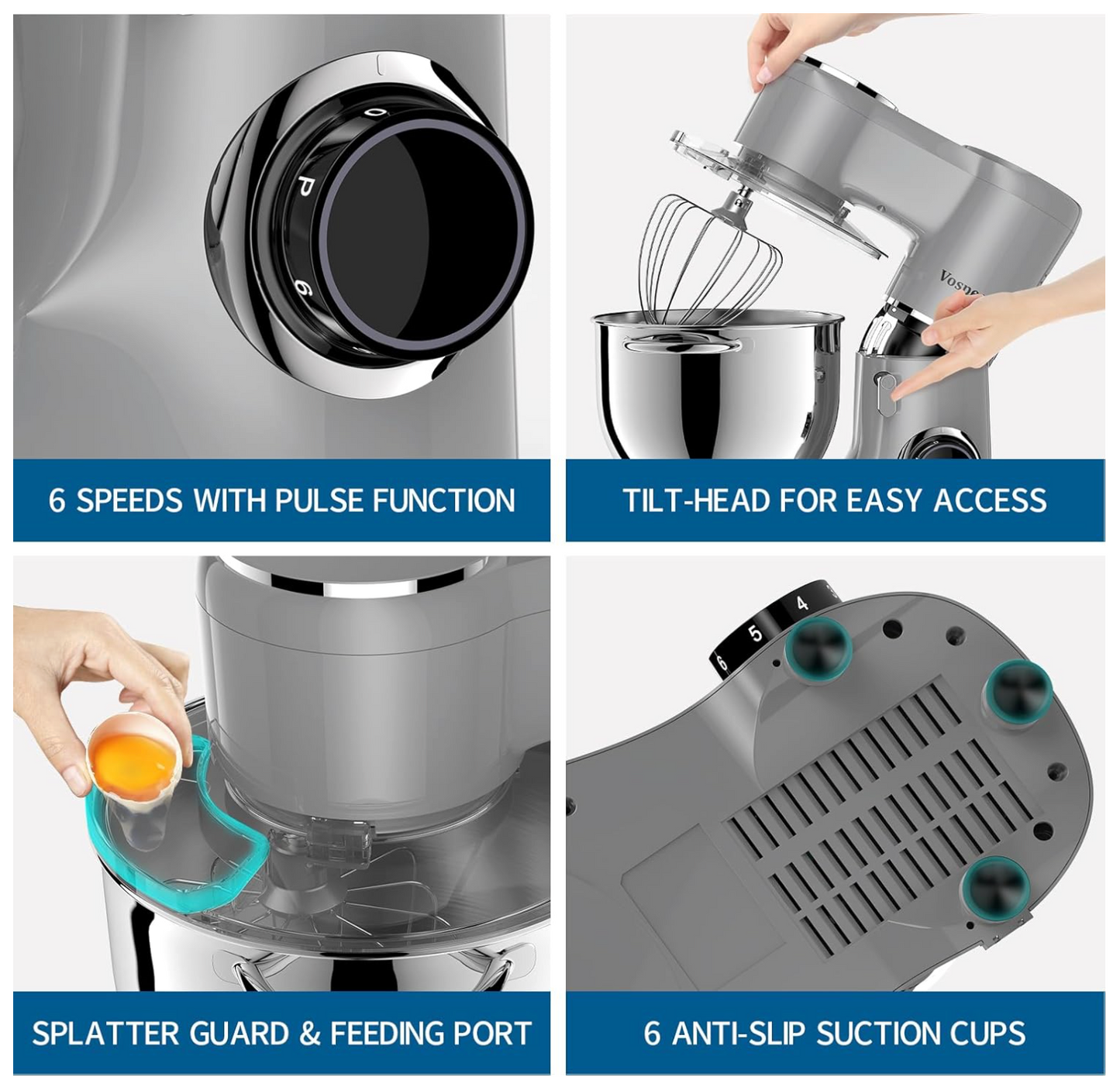 Vospeed Stand Mixer 8L Cake Mixer Electric Kitchen Food Mixer with Stainless Steel Bowl, Beater, Dough Hook, Whisk for Baking, Dishwasher Safe (Grey)