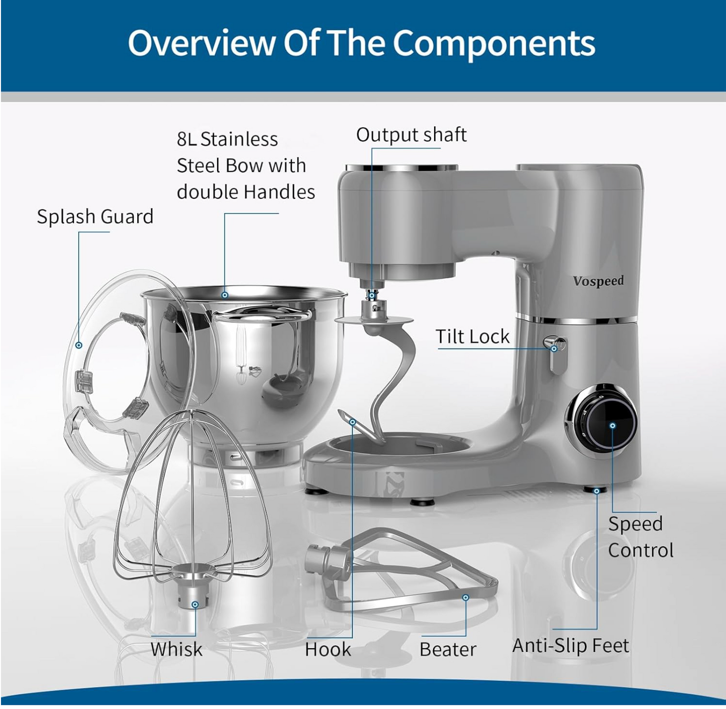 Vospeed Stand Mixer 8L Cake Mixer Electric Kitchen Food Mixer with Stainless Steel Bowl, Beater, Dough Hook, Whisk for Baking, Dishwasher Safe (Grey)