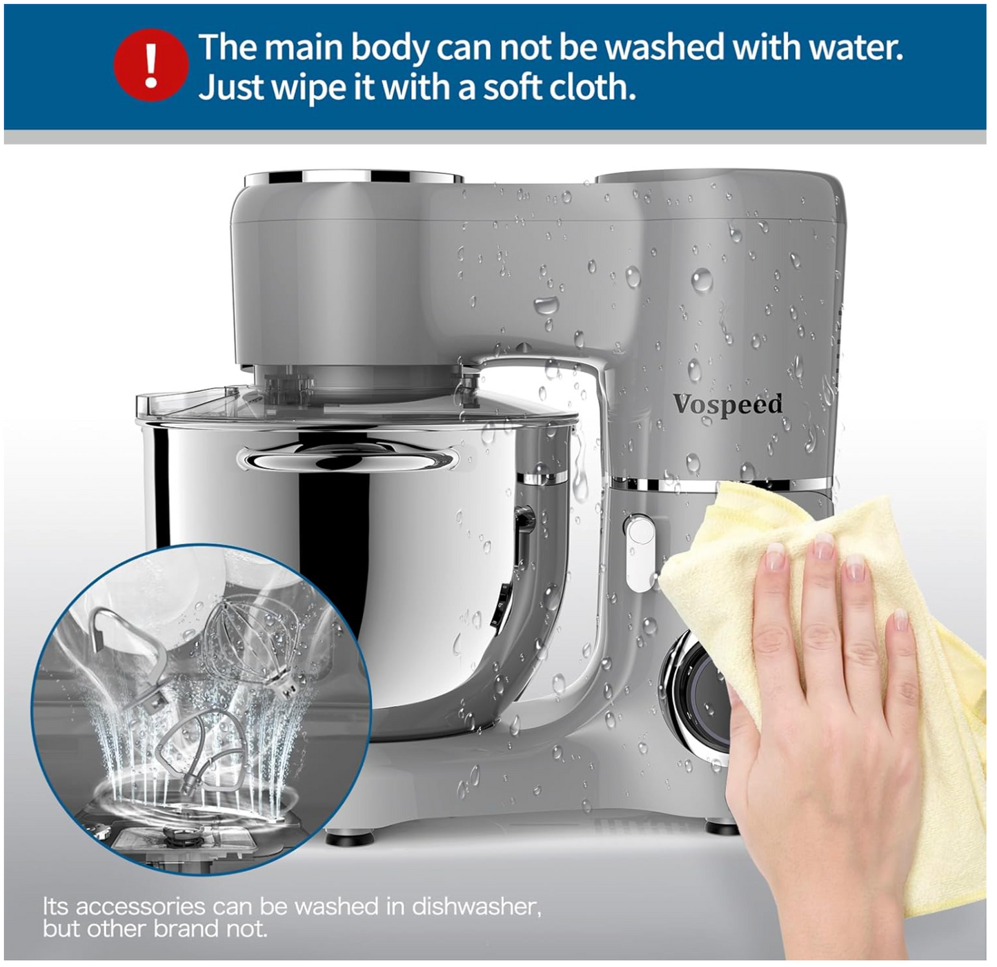 Vospeed Stand Mixer 8L Cake Mixer Electric Kitchen Food Mixer with Stainless Steel Bowl, Beater, Dough Hook, Whisk for Baking, Dishwasher Safe (Grey)